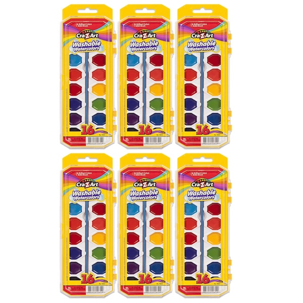 Cra-Z-Art Washable Watercolors with Brush, Peggable Tray, 16 Colors Per Set, 6PK 10652WM36 - main